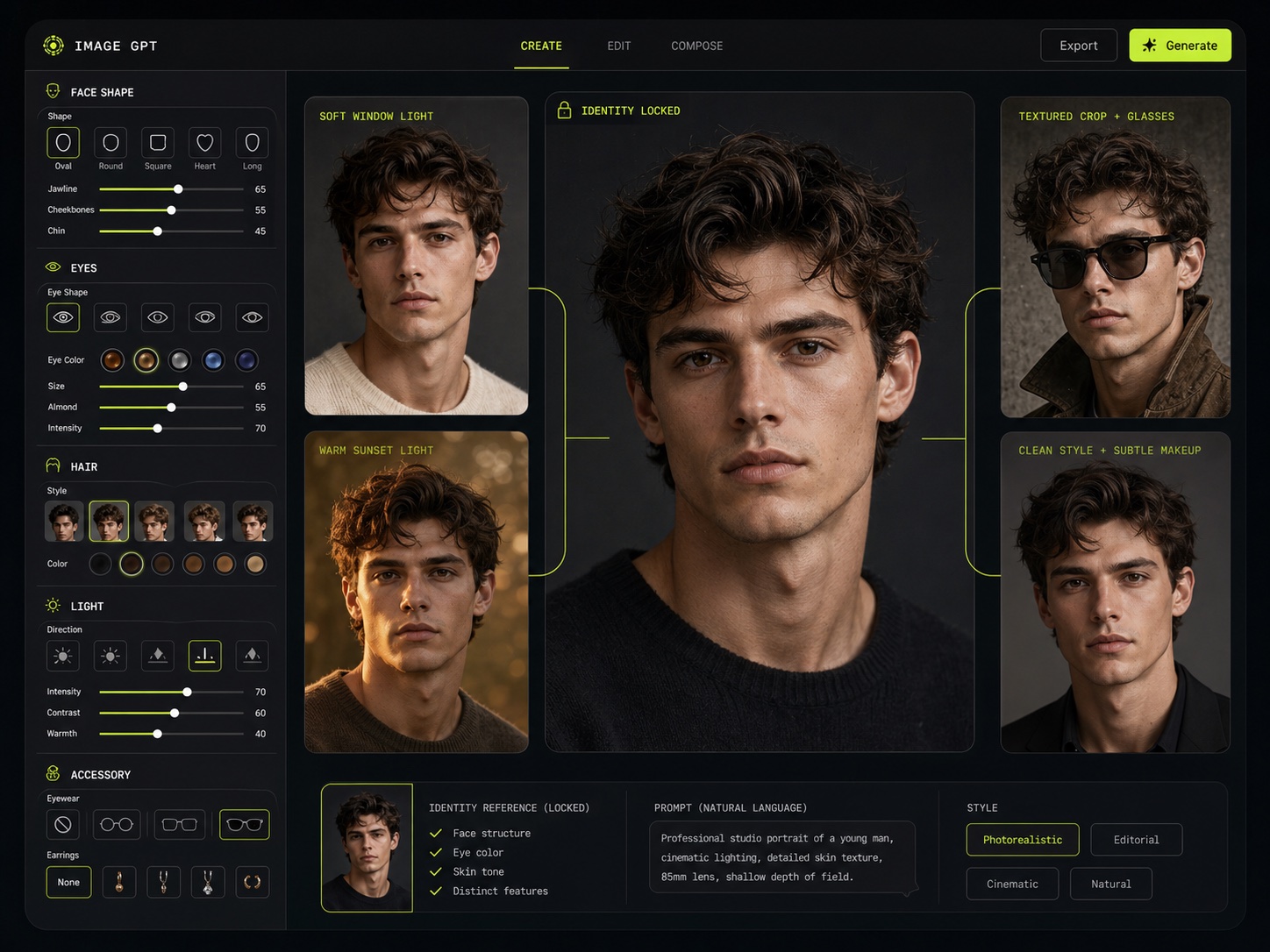 Portrait control case showing one consistent face with adjustable styling and lighting variations