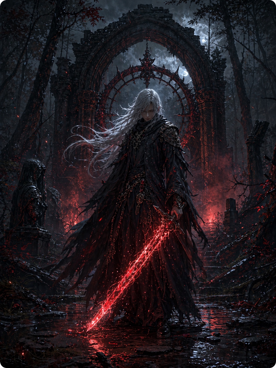 Dark fantasy inspiration example with a silver-haired guardian and red luminous blade