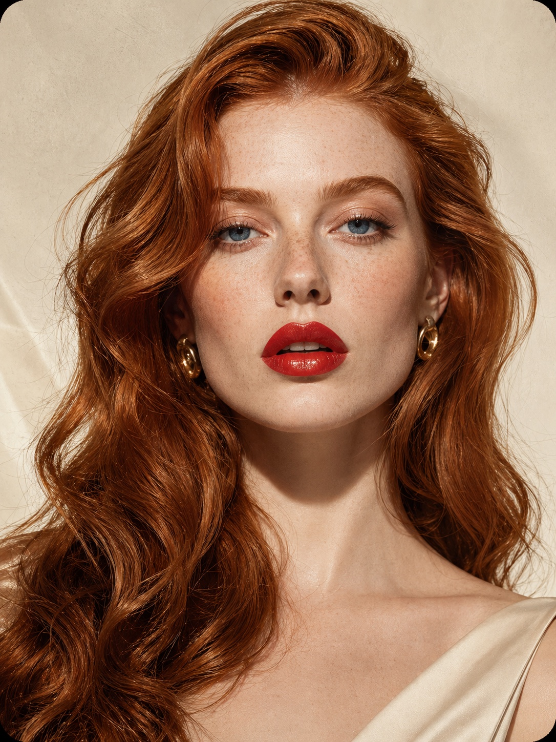Editorial portrait inspiration example with red hair, freckles, and polished studio lighting