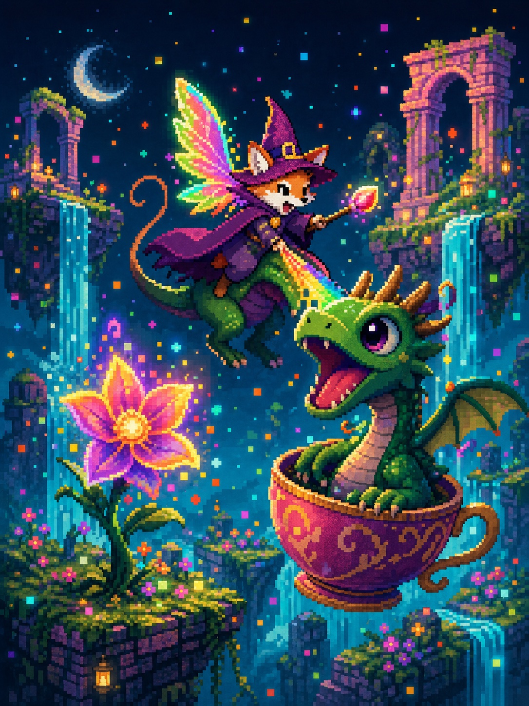 Pixel art inspiration example with a winged fox wizard and teacup dragon