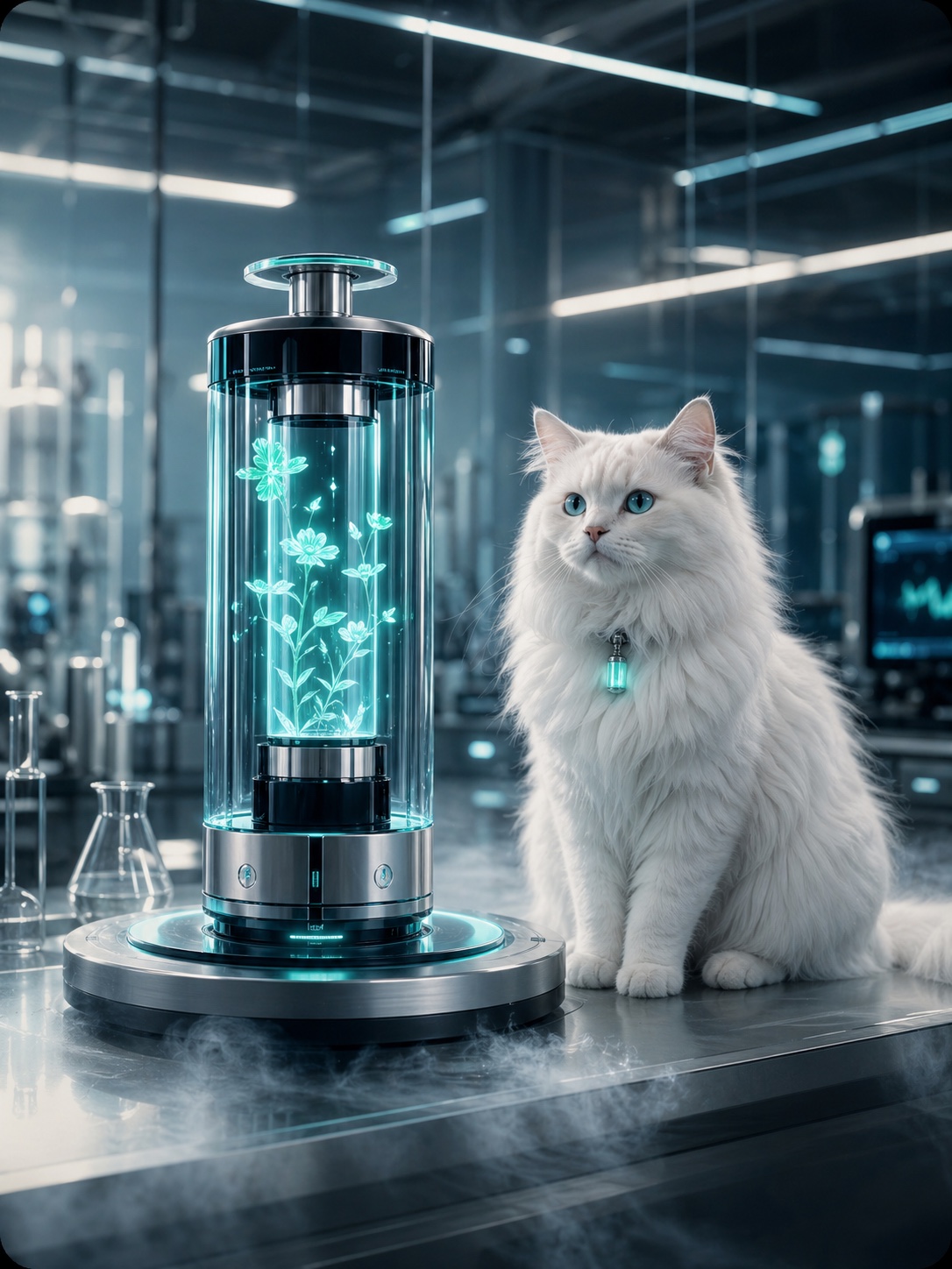 Futuristic product photography inspiration example with a glowing device in a clean lab