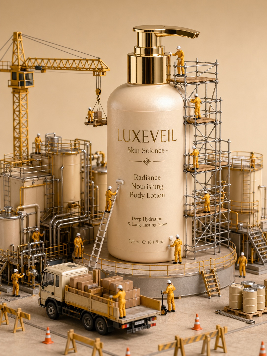 Miniature diorama product advertisement with a luxury lotion bottle and tiny construction workers