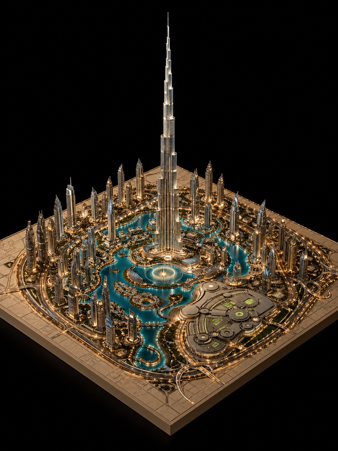 Isometric miniature city maquette with the Burj Khalifa at the center