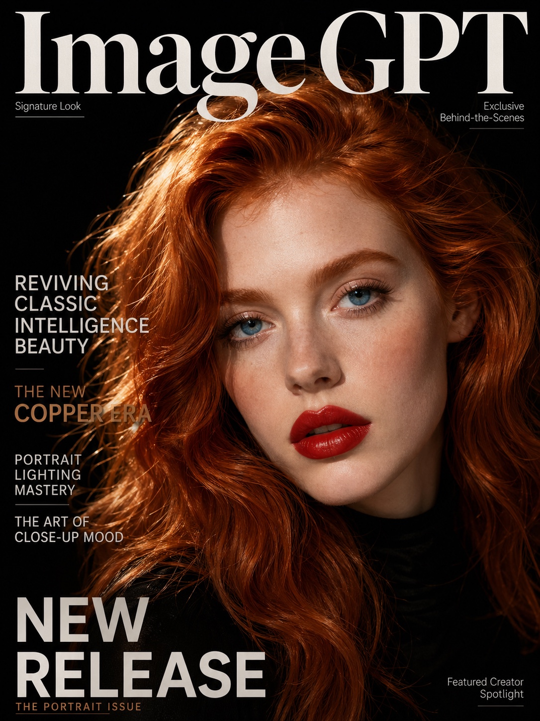 Magazine cover portrait with ginger hair, red lips, and editorial cover typography