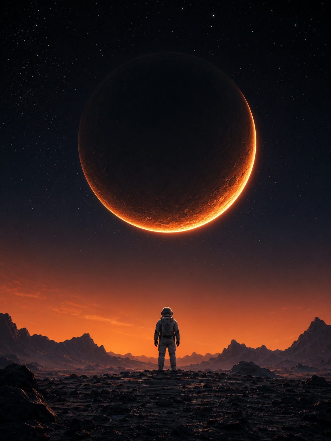 Sci-fi illustration with an astronaut facing a giant crescent planet over an alien landscape