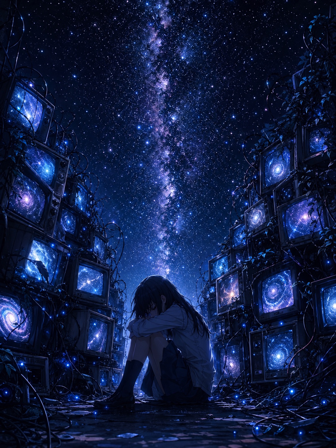 Anime illustration of a lonely girl surrounded by CRT televisions glowing with galaxies