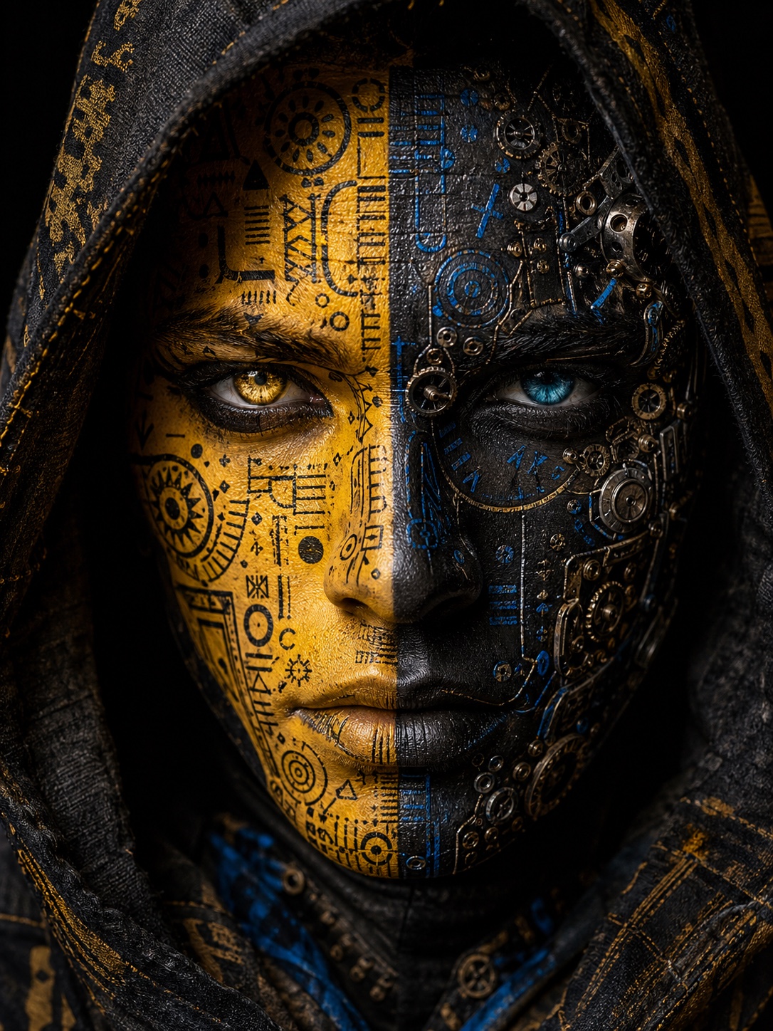 Cinematic split-face portrait with yellow symbols, blue patterns, and mechanical details