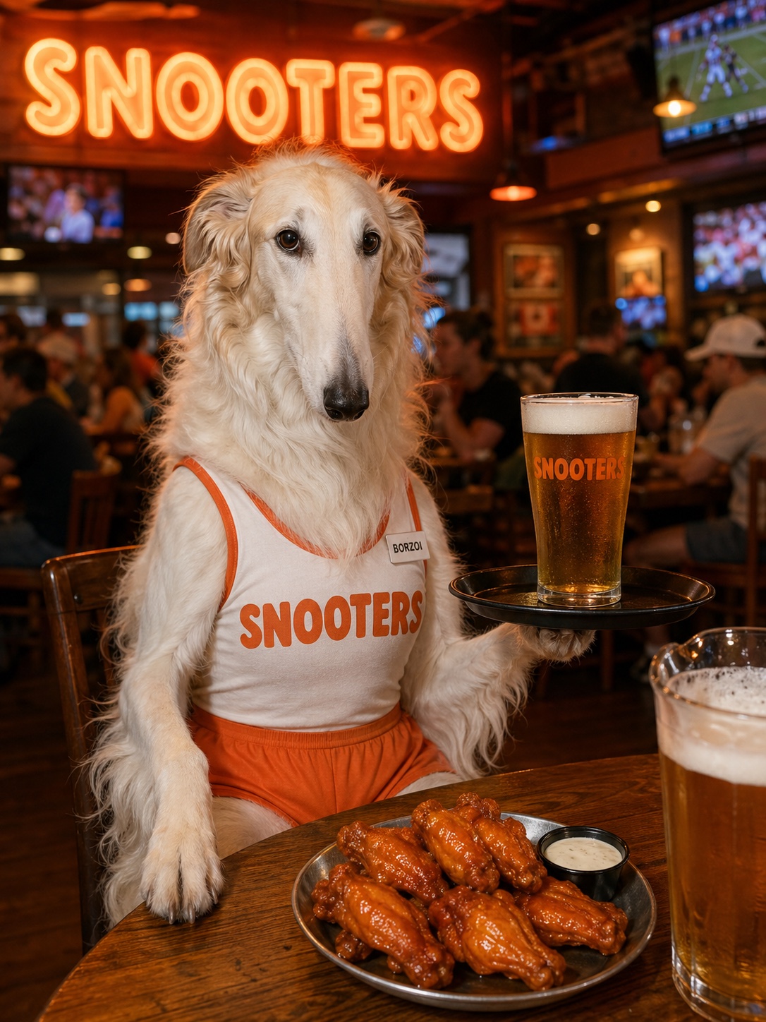 Humorous restaurant photo with a Borzoi dog waiter, wings, beer, and a Snooters neon sign