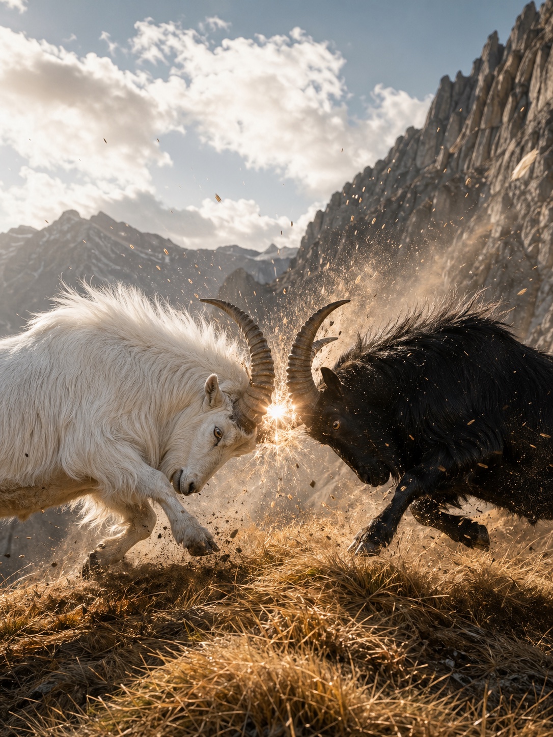 Wildlife action scene with black and white mountain goats colliding on a golden alpine slope