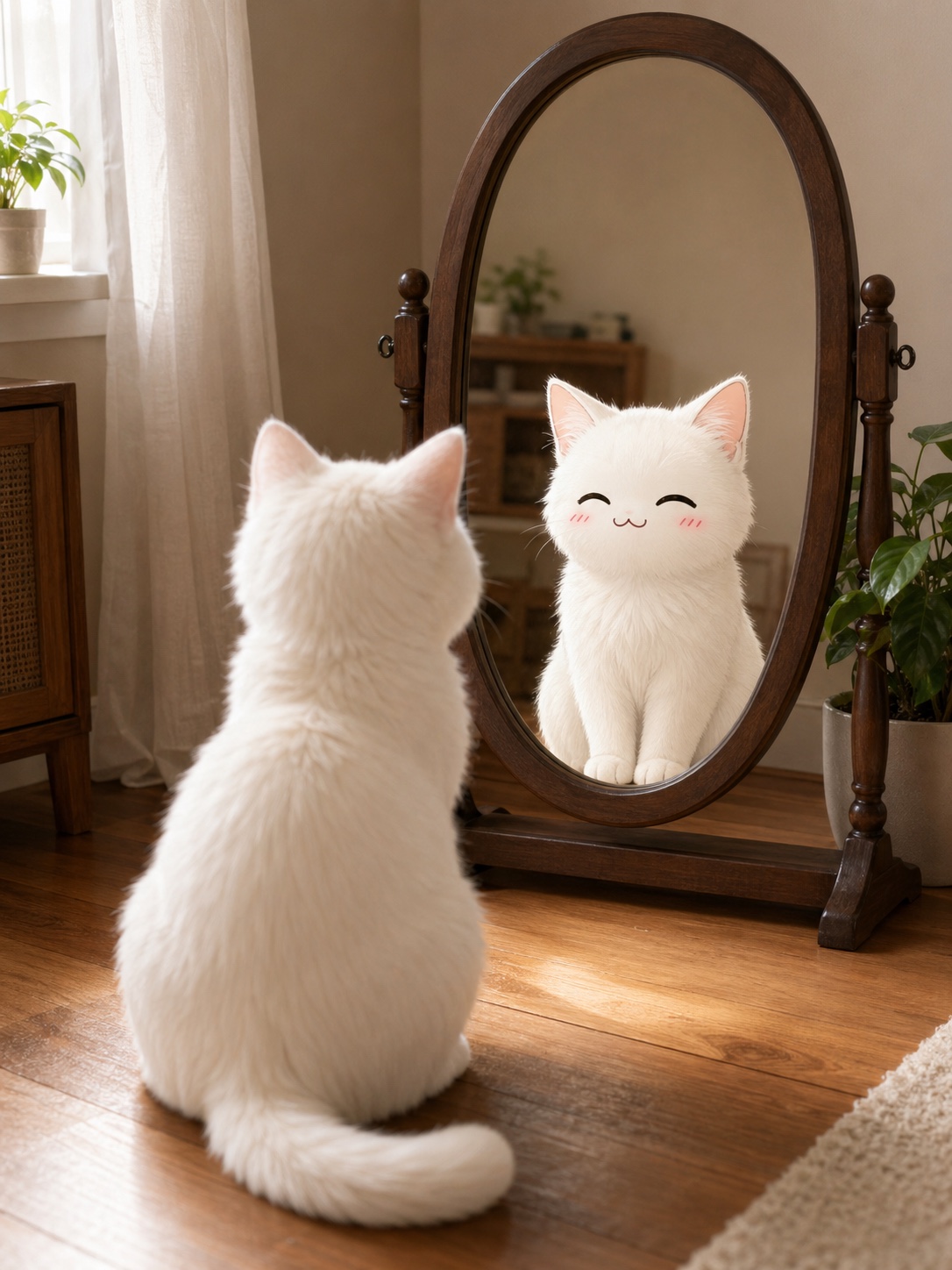 Cute white cat sitting on a wooden floor and looking at its stylized reflection in a mirror
