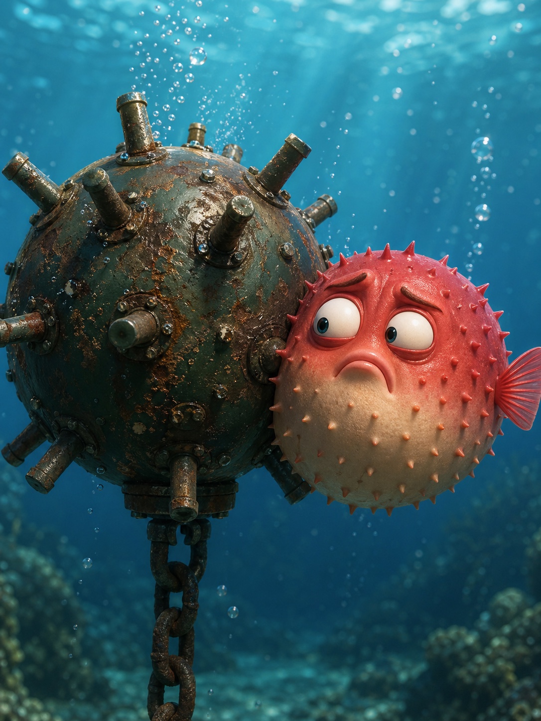 3D underwater scene with a cute worried pufferfish pressed against an old naval sea mine