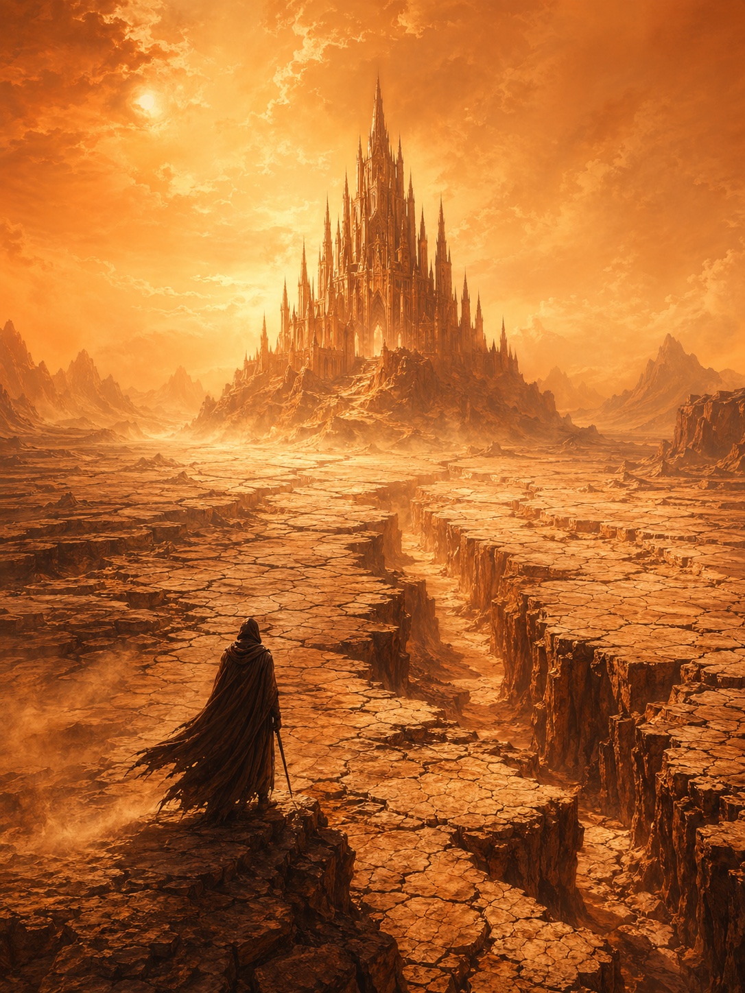 Warm orange fantasy concept art with a lone wanderer facing a distant gothic castle across a cracked wasteland