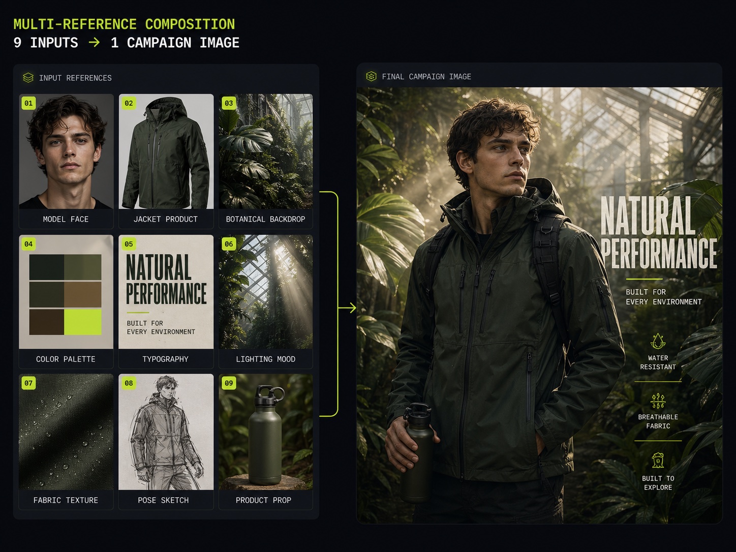 Nine reference inputs fused into one consistent final campaign image