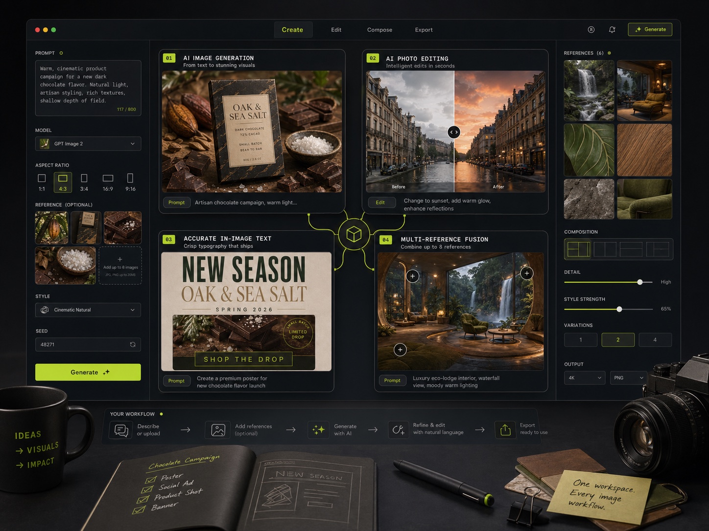 AI photo editor workspace overview showing photo restyling, background swap, reference fusion, and natural-language edits