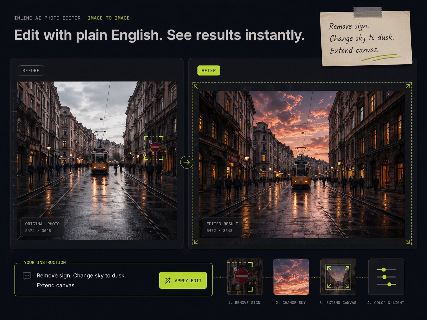 Inline photo editor showing a before and after edit from a plain-English instruction