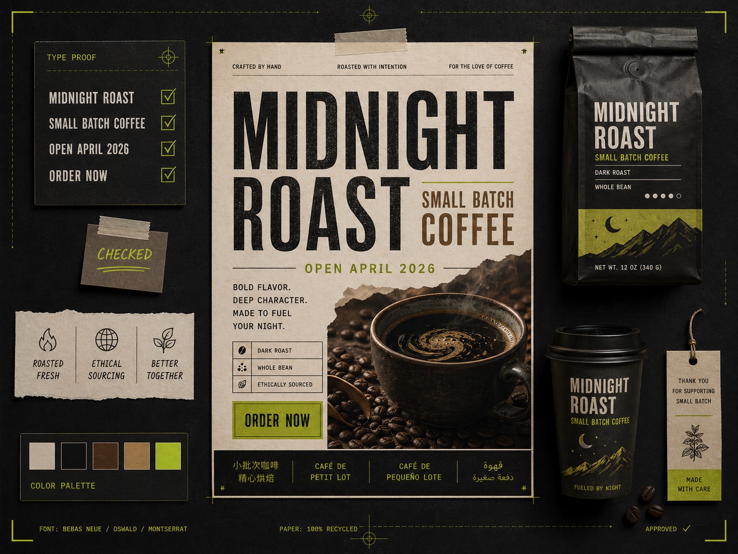 Crisp campaign typography rendered directly inside poster and packaging artwork