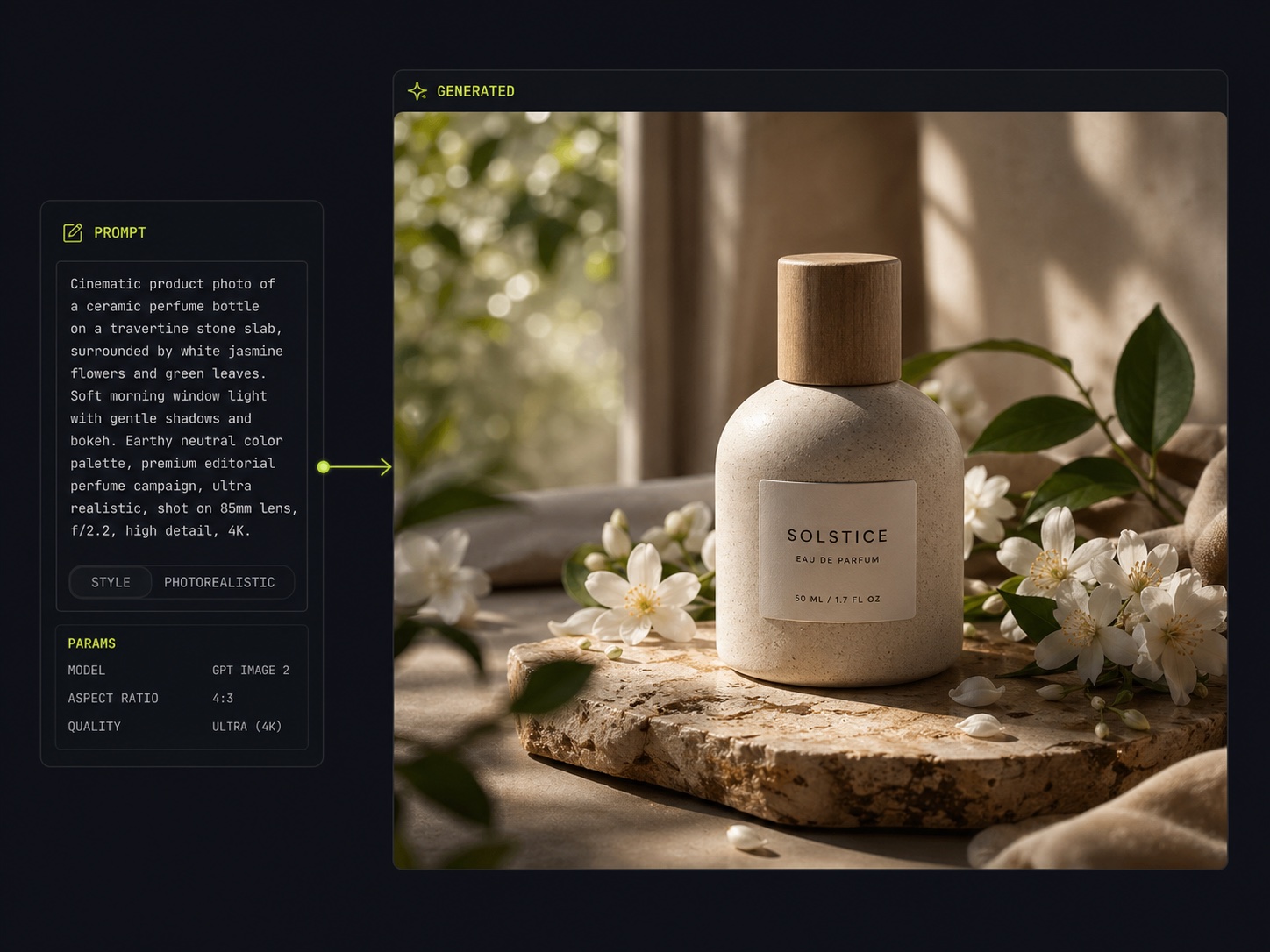 An uploaded source photo transformed into a restyled campaign visual