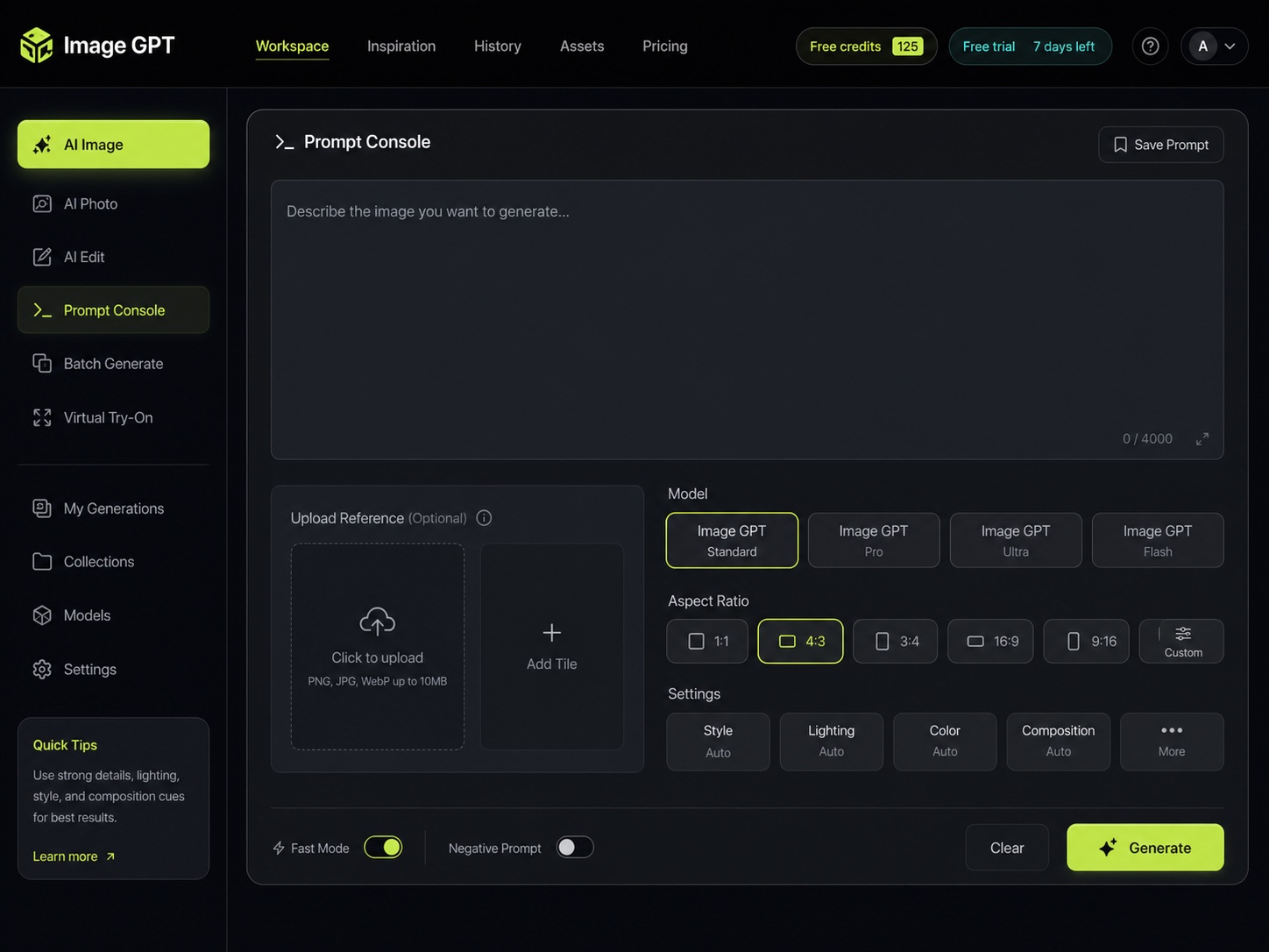 Signed-in workspace with the dark prompt console, free credits chip, upload tile, model controls, and Generate button