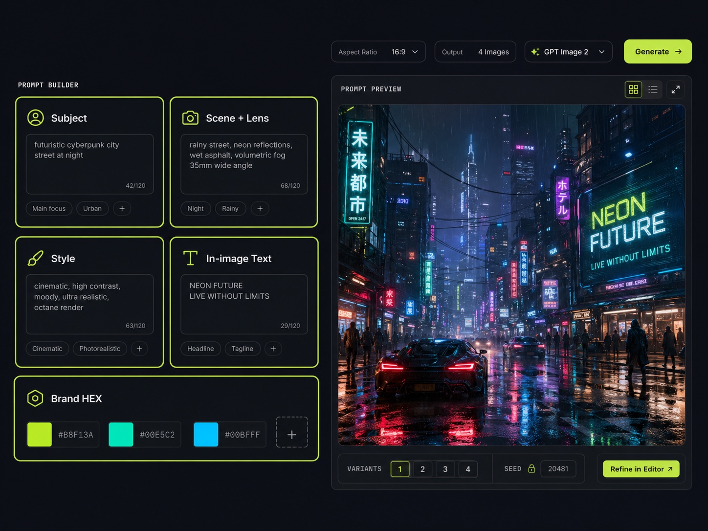 Structured prompt builder with subject, scene and lens, style, in-image text, and brand HEX slots