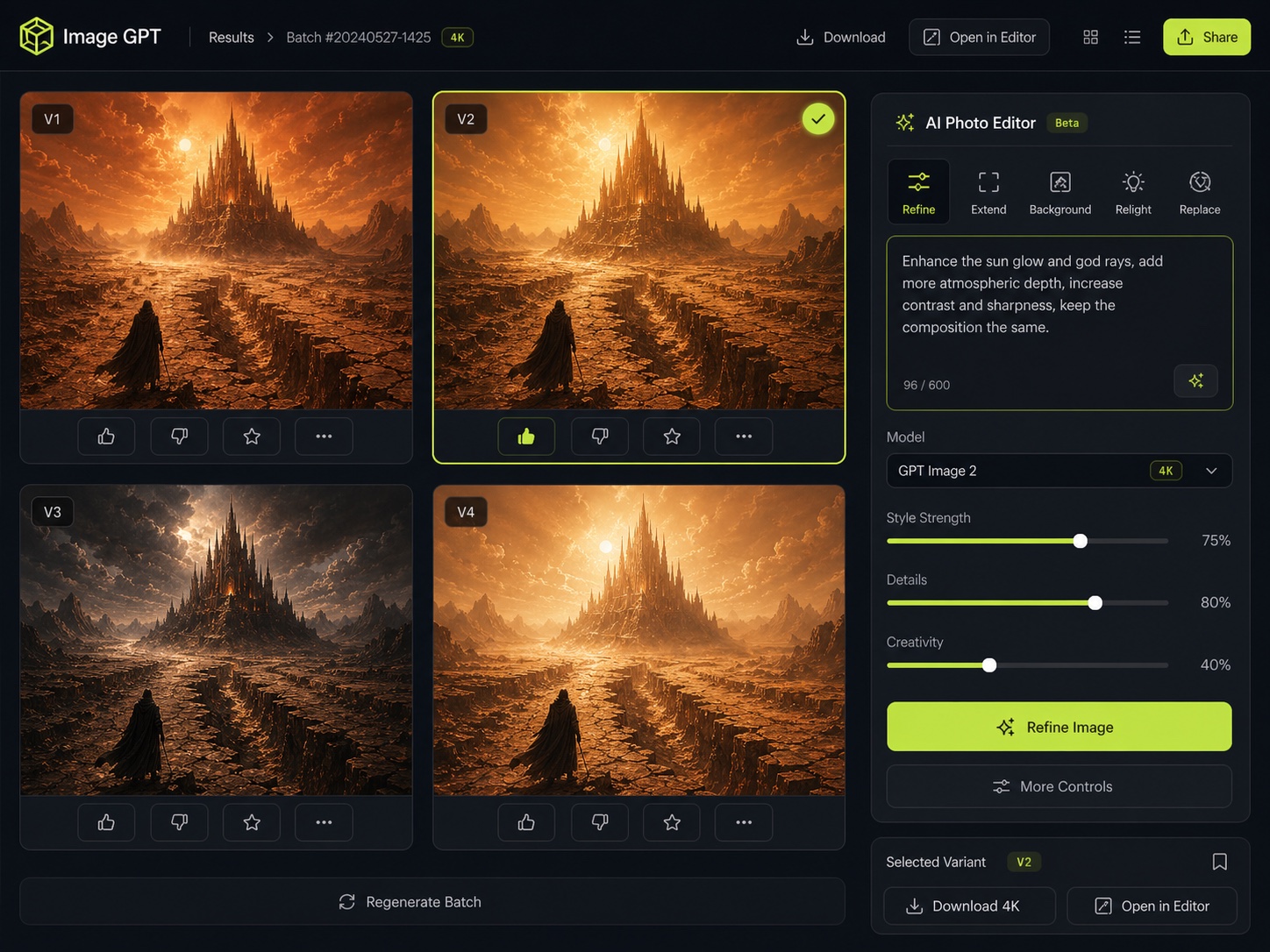 Batch result comparison grid with a selected winner and AI photo editor refinement panel