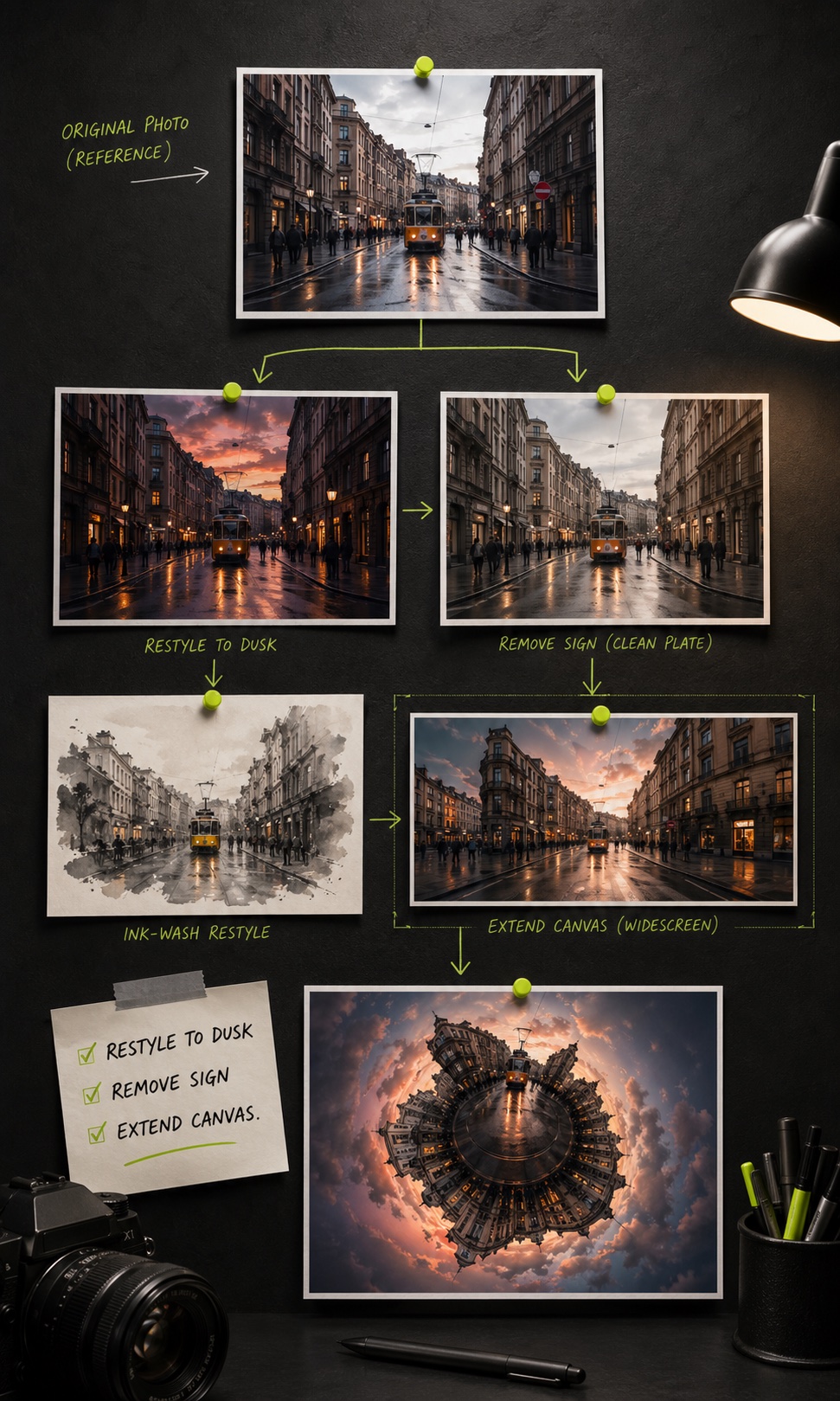AI photo editor example showing plain-English edits from an original reference photo to several finished variants