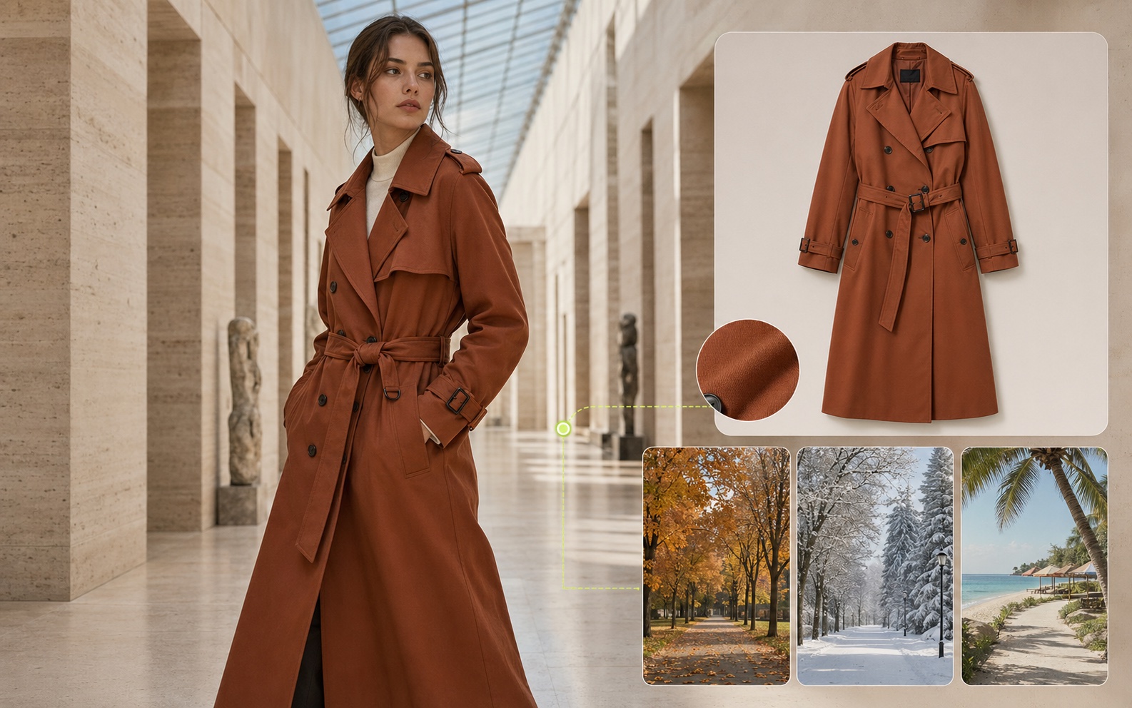 Background swap example showing a trench coat composited onto a model with seasonal backdrops