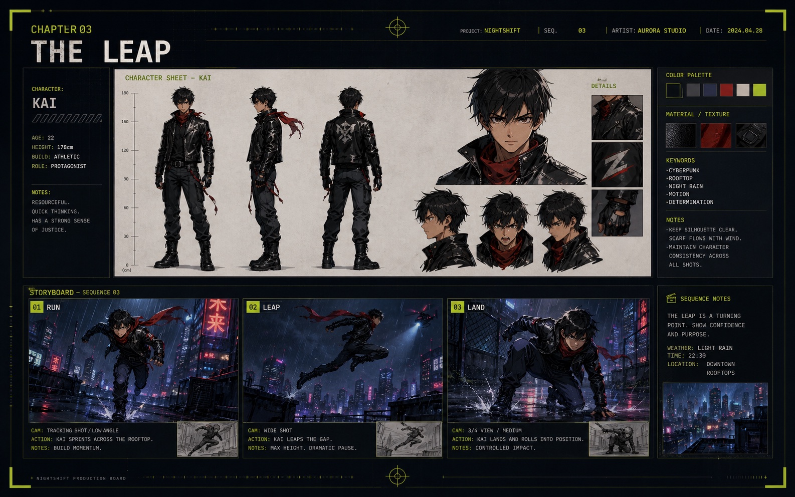 Character sheet and storyboard example with one consistent hero across multiple frames